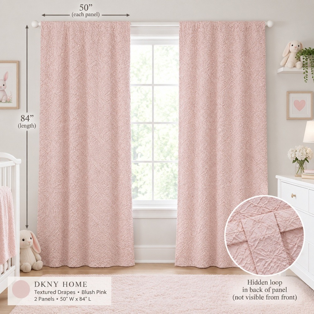 DKNY Home Textured Drapes Blush Pink 2 Panels 50 x 84 Hidden Back Loop Curtains